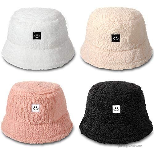 Geyoga 4 Pieces Women Winter Plush Bucket Hats Teddy Style Vintage Bucket Caps Smiling Face Faux Fur Wool Warm Hat 4 Colors (Black  White  Nude Color  Pink)