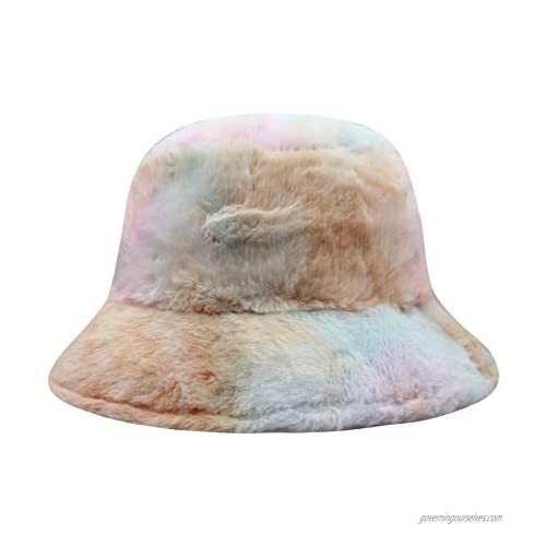 JUMISEE Women Tie Dye Faux Fur Bucket Hat Fuzzy Warm Winter Hat Fisherman Cap