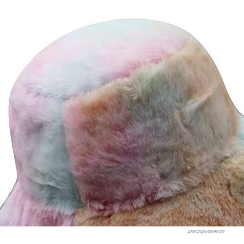 JUMISEE Women Tie Dye Faux Fur Bucket Hat Fuzzy Warm Winter Hat Fisherman Cap