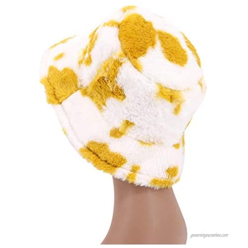 Multifit Unisex Cow Print Winter Bucket Hat Plush Warm Faux Fur Fisherman Cap Windproof Hats