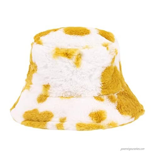Multifit Unisex Cow Print Winter Bucket Hat Plush Warm Faux Fur Fisherman Cap Windproof Hats