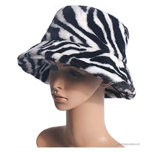Newfancy Women's Zebra Print Faux Fur Bucket Hat Warm Fuzzy Fluffy Winter Warmer Fisherman Cap Black