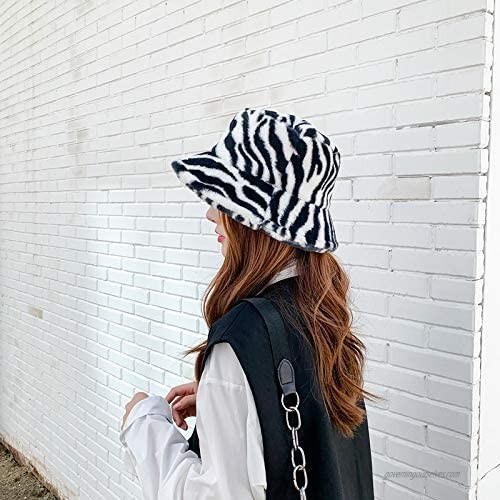 Newfancy Women's Zebra Print Faux Fur Bucket Hat Warm Fuzzy Fluffy Winter Warmer Fisherman Cap Black