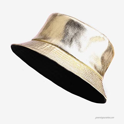 Reversible PU Leather Bucket Hat for Women Men Shining Glitter Gold Fisherman Hat Sun Protection Hat