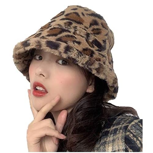 Sheshowbwing Plush Leopard Print Bucket Hat Fluffy Warm Fisherman Cap for Cold Winter