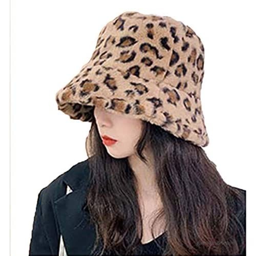 Sheshowbwing Plush Leopard Print Bucket Hat Fluffy Warm Fisherman Cap for Cold Winter