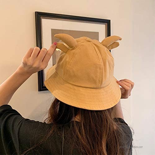 Sivilady Cute Ox Horn Ears Bucket Hat Unisex Fun Hat Outdoor Summer Fisherman Sun Hat