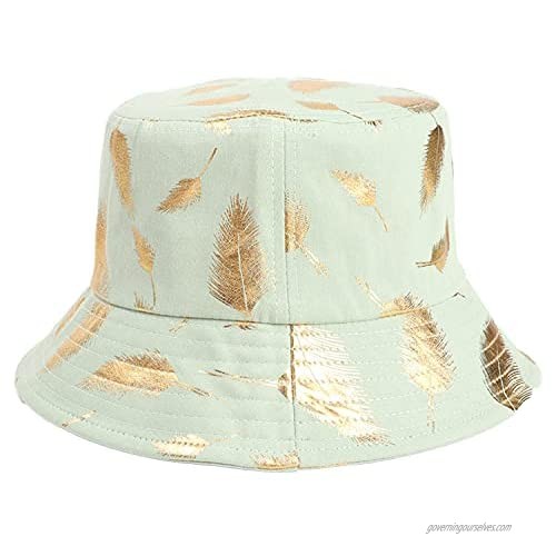 Sivilady Packable Cotton Metallic Feather Print Bucket Hat Unisex Summer Fisherman Cap Sun Hat