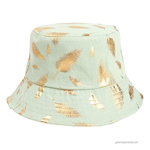Sivilady Packable Cotton Metallic Feather Print Bucket Hat Unisex Summer Fisherman Cap Sun Hat
