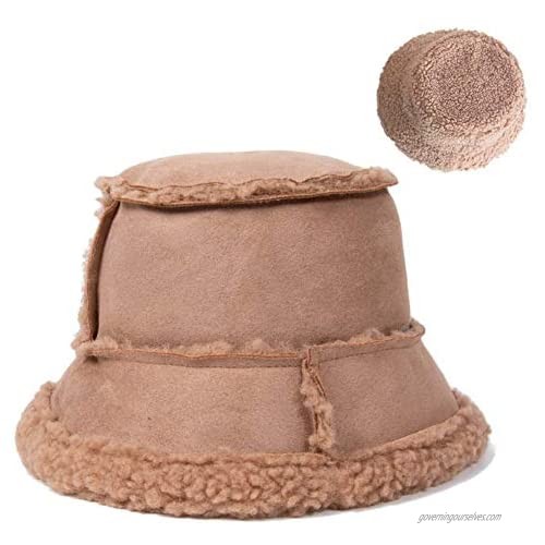 UU BEN Winter Bucket Hat for Women Reversible Suede Lamb Wool Bucket Hat Solid Color Fisherman Hat for Women