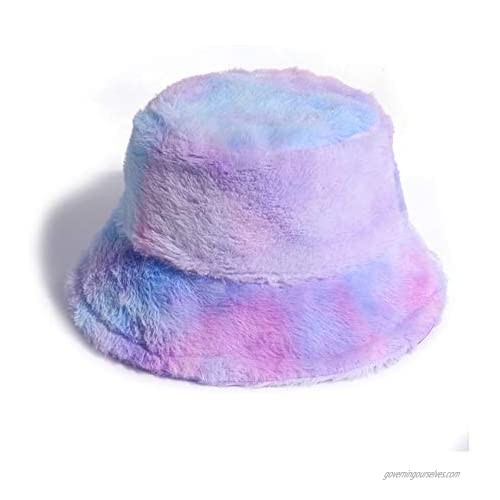 Women Girls Tie Dye Rainbow Fuzzy Faux Fur Warm Bucket Hat Winter Fisherman Cap (A-Blue)