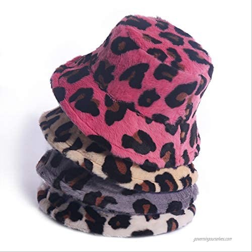 Women Girls Tie Dye Rainbow Fuzzy Faux Fur Warm Bucket Hat Winter Fisherman Cap Winter Plush Bucket Hat (Leopard)