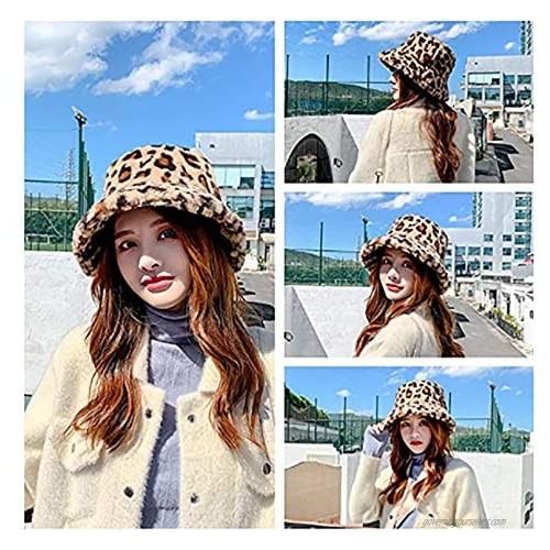 Women Girls Tie Dye Rainbow Fuzzy Faux Fur Warm Bucket Hat Winter Fisherman Cap Winter Plush Bucket Hat (Leopard)