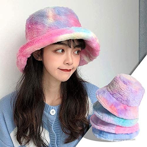 Women Girls Tie Dye Rainbow Fuzzy Faux Fur Warm Bucket Hat Winter Fisherman Cap Winter Plush Bucket Hat (Tie Dyed Pink)
