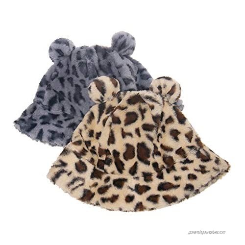 Women Leopard Print Faux Fur Bucket Hat with Pom POM Fluffy Winter Warmer Plush Fisherman Cap
