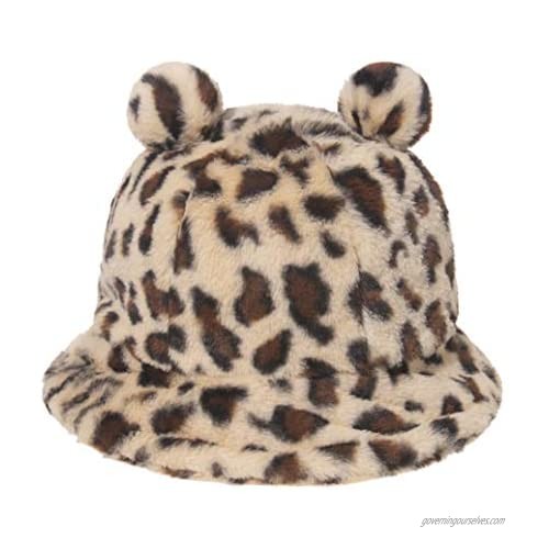 Women Leopard Print Faux Fur Bucket Hat with Pom POM Fluffy Winter Warmer Plush Fisherman Cap