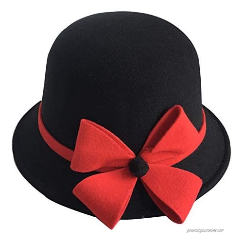Women Wool Felt Hats Women Winter Hat Vintage Wool Felt Cloche Bucket Bowler Hat Winter with Bow-Knot