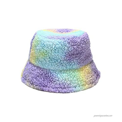xperry Women Girls Tie Dye Winter Bucket Hat Colorful Curly Faux Fur Lambskin Warm Fisherman Cap