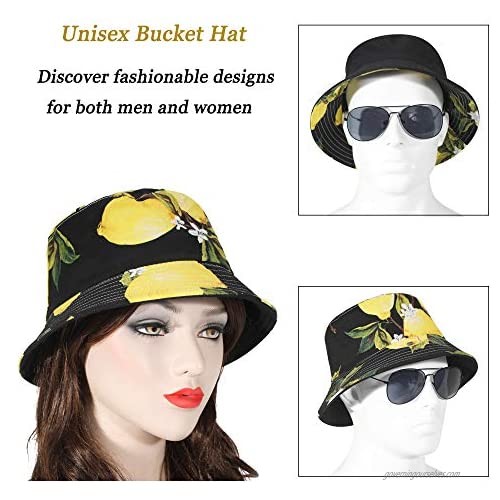 ZLYC Cute Print Reversible Bucket Hat Summer Travel Packable Fisherman Hats for Women Men Teens (Black Lemon)
