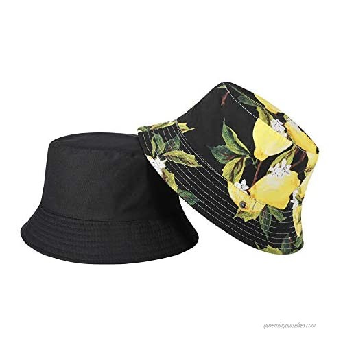 ZLYC Cute Print Reversible Bucket Hat Summer Travel Packable Fisherman Hats for Women Men Teens (Black Lemon)
