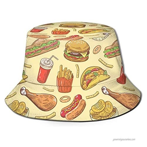 ZREXUO Fast Food Unisex Print Single-Side-Wear Fashion Bucket Hat  Many Patterns