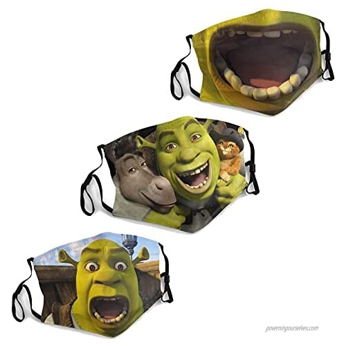 Adult Shrek Face Mask 3 Pcs Adjustable Cloth Cute Mouth Cover Mask with 6 Filters Fashion Dust Masks Reusable