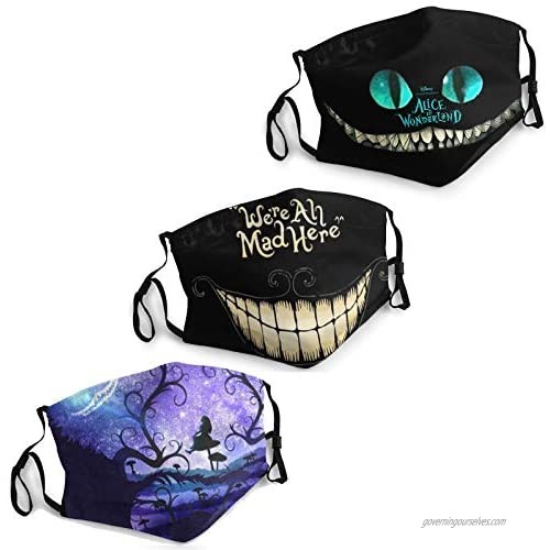 Alice in Wonderland Face Mask Washable 3PC with 6 Filters Mouth Cover Balaclava Face Cover