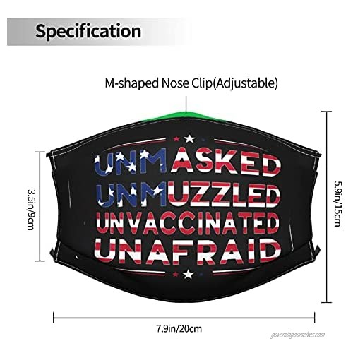 Unmasked Unmuzzled Unvaccinated Unafraid Mask Cloth Bandana Breathable Reusable with Activated Carbon 2 Filters Protection