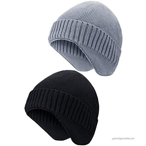 2 Pieces Men Knit Earflap Hat Stocking Caps with Ear Warmers Thick Fleece Winter Beanie Hat with Ear Covers for Outdoor Sports Black  Light Gray