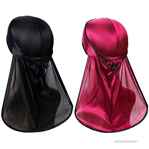 2PCS Silky Durags for Men Women，Unisex Durag Two Tone with Extra Long Tail and Wide Straps for 360 Waves Black