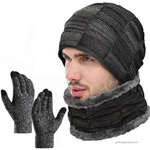 3Pcs Winter Beanie Hat  Warmer Scarf Touchscreen Gloves Set for Men Women