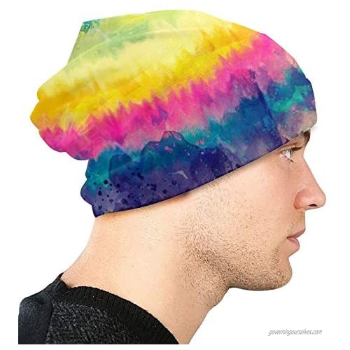 Colored Pastel Colorful Tie Dye Rainbow Purple Pink Print Slouchy Beanies Knitted Hat Skull Cap for Men Women Headwear Sleep Cancer Chemo
