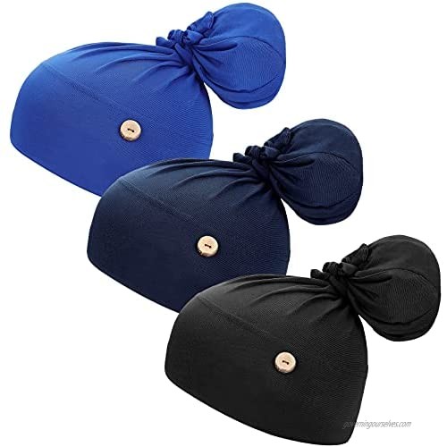 Foaincore 3 Pieces Soft Bouffant Caps with Buttons with Stretchy Ribbon Tie Gourd-Shape Caps Stretch Bouffant Hats Unisex Stretchy Headband Turban with Ear Loop Holder Buttons