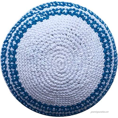 Holy Land Market White/Sky Blue Lines 17cm DMC 100% Knitted Cotton Kippah Torah Chabad Yarmulke