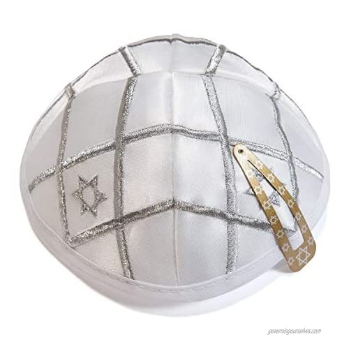 Satin 20cm White Silver Israel Magen David Kippah Jewish Cap Judaica Yarmulke Gift