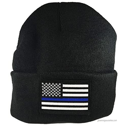 Thin Blue Line Flag Winter Hat Black Police Knit Cap USA Made