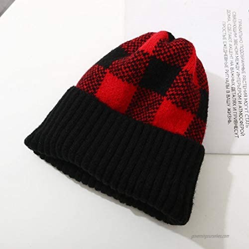 Trendy Plaid Beanie Hat Soft Cable Knit Slouchy Stretch Mohair Wooly Cap for Women and Men Classic Red