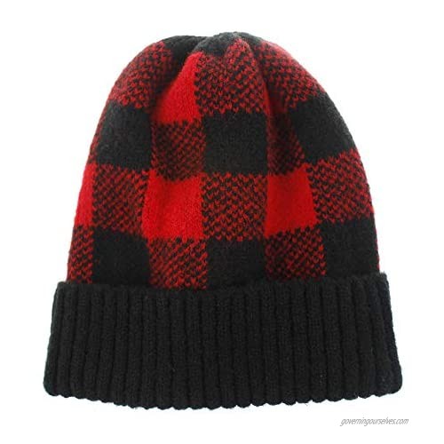 Trendy Plaid Beanie Hat Soft Cable Knit Slouchy Stretch Mohair Wooly Cap for Women and Men Classic Red