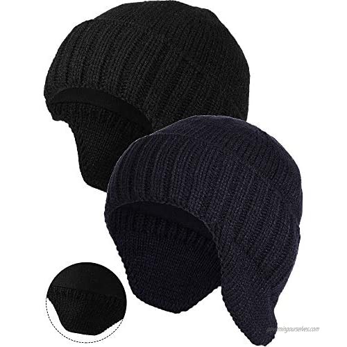 2 Pieces Winter Men's Knit Earflap Hat Beanie Hat Stocking Caps Warm Ear Flap Hat with Fleece Lined Knit Brimmed Ski Cap