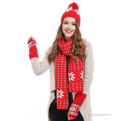 Bienvenu Women Lady Winter Warm Knitted Snowflake Hat Gloves and Scarf Winter Set