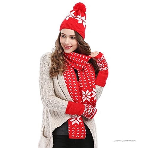 Bienvenu Women Lady Winter Warm Knitted Snowflake Hat Gloves and Scarf Winter Set