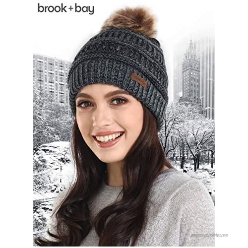 Brook + Bay Pom Pom Beanie Winter Hat for Women - Faux Fur Pompom Warm Chunky Soft Cable Knit Hats - Cold Weather Knitted Cap