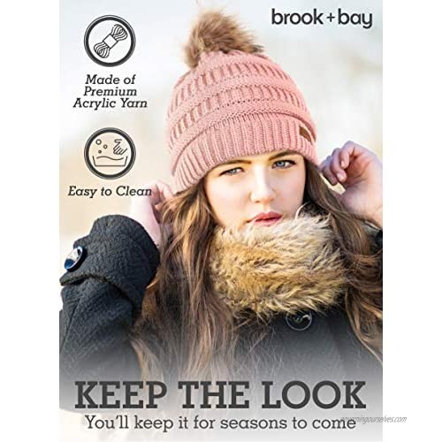 Brook + Bay Pom Pom Beanie Winter Hat for Women - Faux Fur Pompom Warm Chunky Soft Cable Knit Hats - Cold Weather Knitted Cap