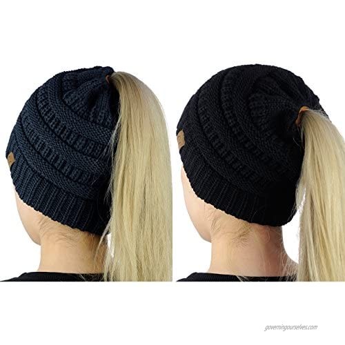 C.C BeanieTail Soft Stretch Cable Knit Messy High Bun Ponytail Beanie Hat  2 Pack