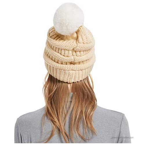 CQC Women's Winter Knit Slouchy Beanie Hat Warm Skull Ski Cap Faux Fur Pom Pom Hats