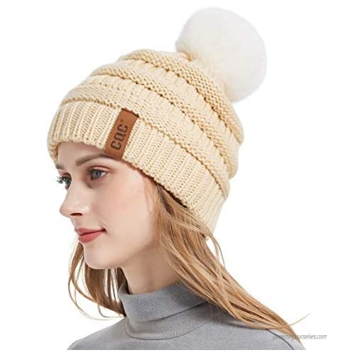 CQC Women's Winter Knit Slouchy Beanie Hat Warm Skull Ski Cap Faux Fur Pom Pom Hats