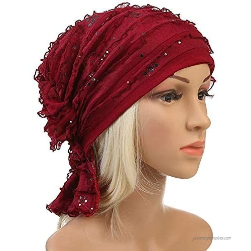 DancMolly Ruffle Chemo Turban Cancer Headband Scarf Slouchy Beanie Cap Muslim Scarf Headwear for Cancer