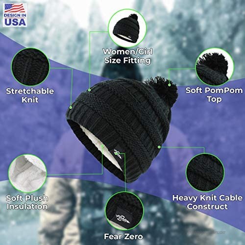 Fear0 NJ Extreme Warm Plush Wool Insulated White Black Knit Cable Pom Pom Skullies Cap Winter Beanie Hat for Women Girl