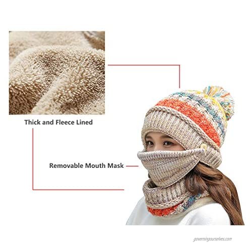 Fleece Lined Women Knit Beanie Scarf Mouth Mask Set for Girl Winter Ski Hat with Pompom