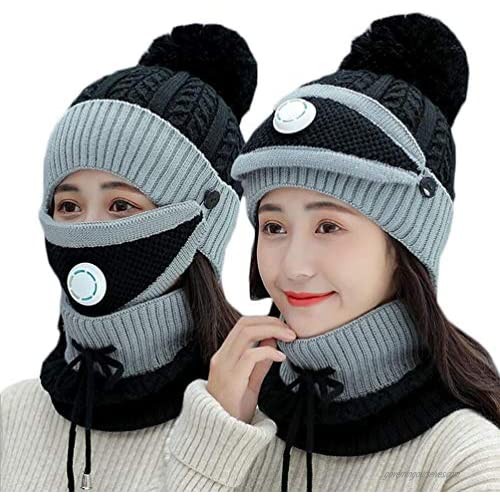 Fleece Lined Womens Beanie Knit Hat  Winter Scarf Mask Set Girls Warm Hat Earmuffs Cap with Pom